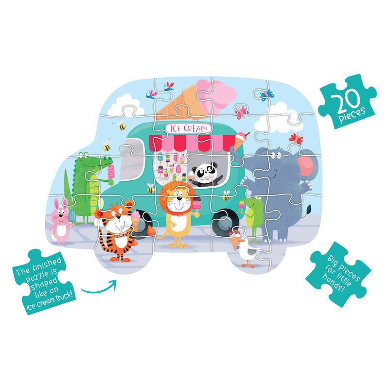 The completed Ice Cream Party puzzle displayed against a neutral background. The finished 20 piece design forms the shape of an ice cream truck filled with happy animal characters enjoying a festive ice cream celebration.