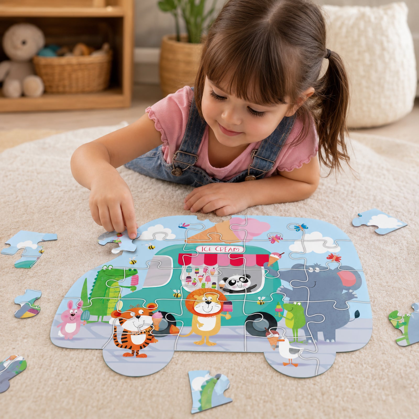 A young learner enjoys completing the Ice Cream Party puzzle on a carpeted play area. The colourful scene includes playful animal friends, ice creams, butterflies and a decorated ice cream van that encourages imaginative storytelling and creative play.