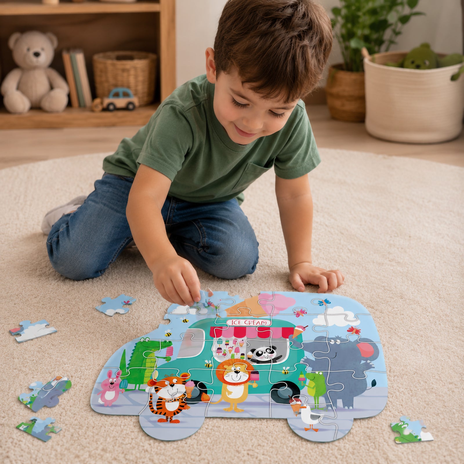 A child carefully places a puzzle piece into the ice cream truck shaped puzzle during playtime. The engaging design showcases friendly animals gathering around a vibrant ice cream truck, helping develop concentration, fine motor skills and problem solving abilities.