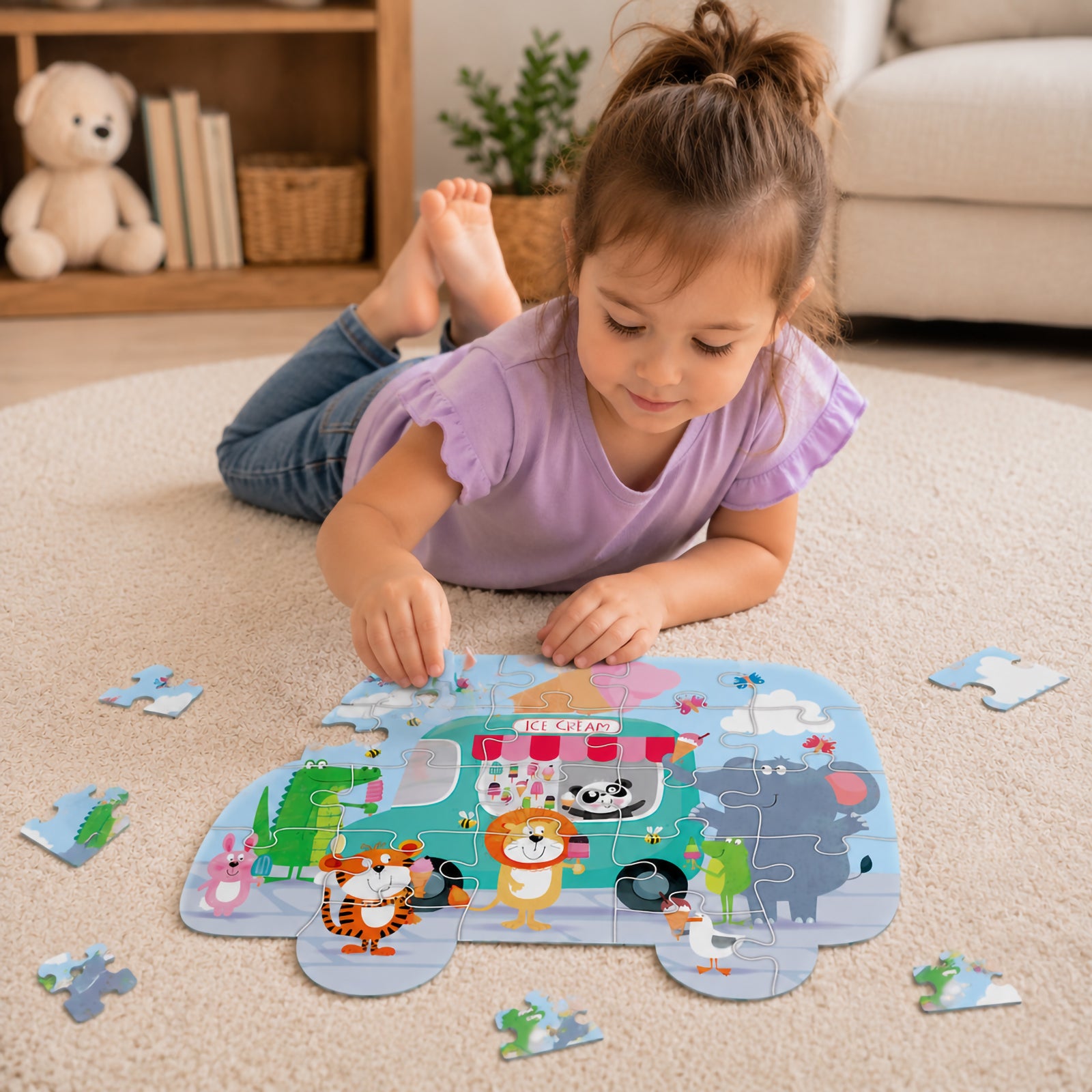 A young child lies comfortably on a soft carpet while assembling the Ice Cream Party puzzle. The completed ice cream truck scene features cheerful animal characters including a lion, tiger, elephant, crocodile and panda enjoying colourful frozen treats around a bright ice cream van.