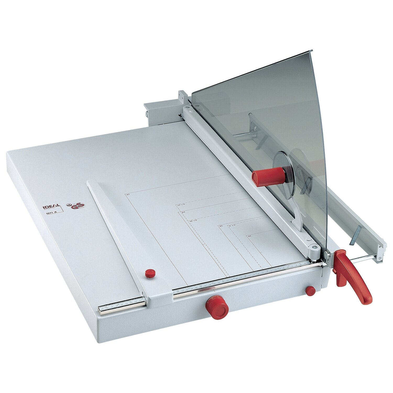 Ideal 1171 oversize A2 guillotine trimmer at an angle, showing the grey all-metal body, wide cutting table with printed format guides, calibrated front gauge and transparent blade safety guard