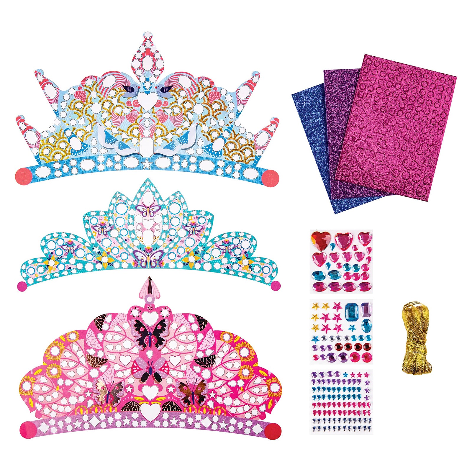 Product contents displayed against a plain background showing crown templates, decorative gems, glitter foam sheets and gold ribbon. The layout highlights the decorative options available for customising each crown design.