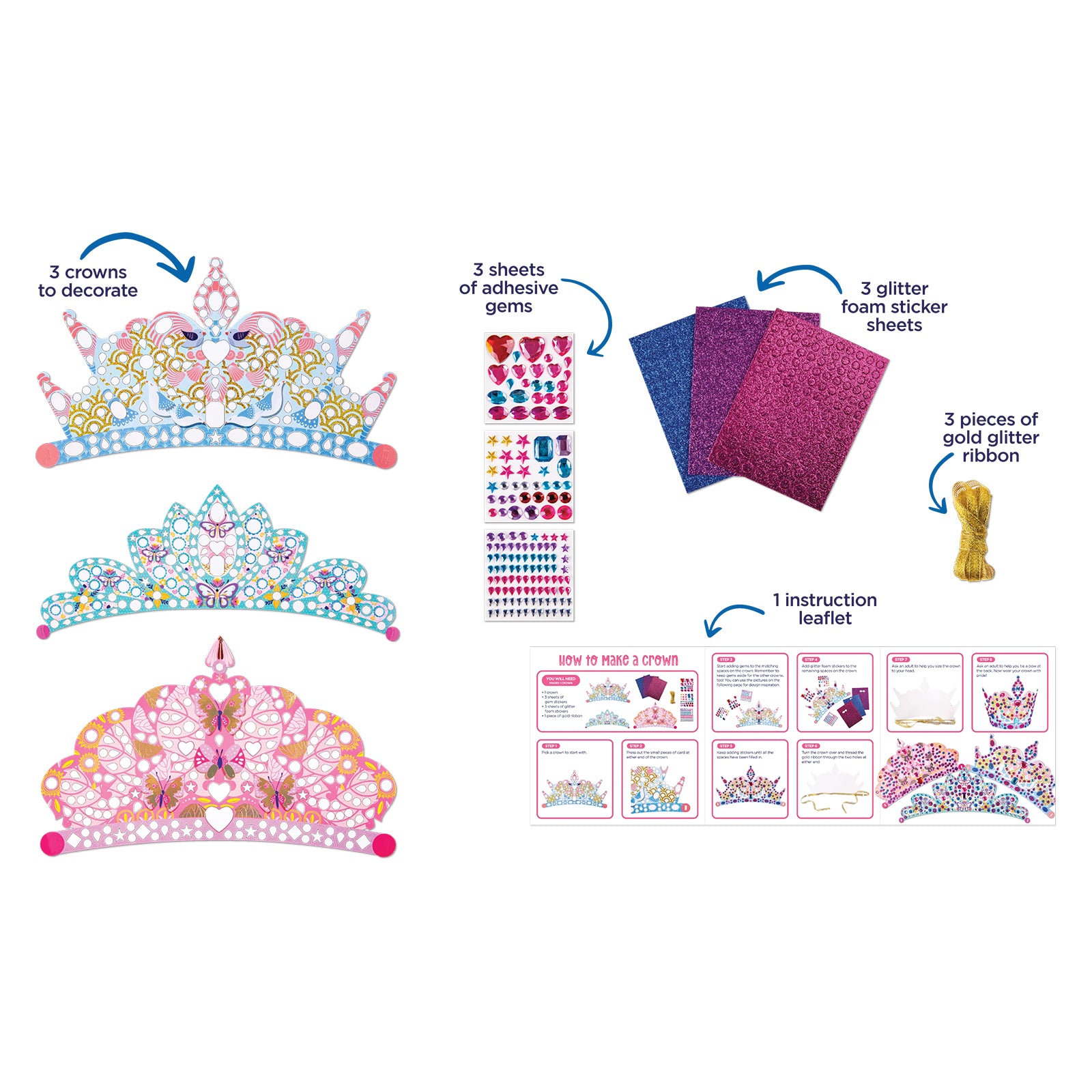 Flat lay presentation of the complete craft kit contents including three crown templates, adhesive gem sheets, glitter foam sticker sheets, gold ribbon and an instruction leaflet. The image clearly illustrates everything included for creating three wearable crowns.