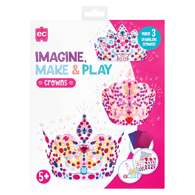 Front packaging artwork displaying completed crown designs, decorative materials and product branding. The packaging emphasises imaginative crafting, creative play and the ability to make three wearable crowns.
