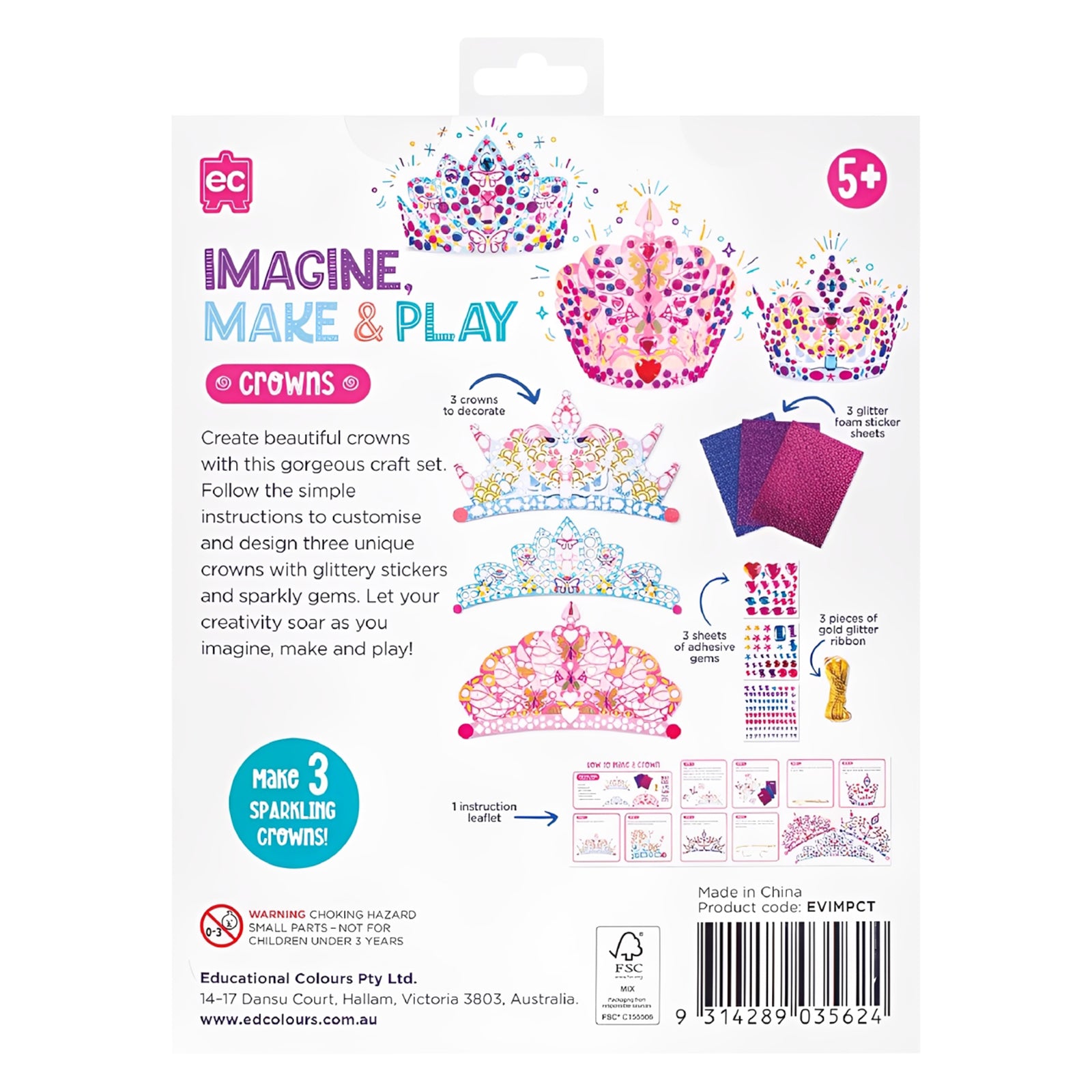 Rear packaging view featuring product contents, assembly instructions and examples of completed crowns. The packaging demonstrates the simple crafting process and included materials for creating three sparkling crowns.
