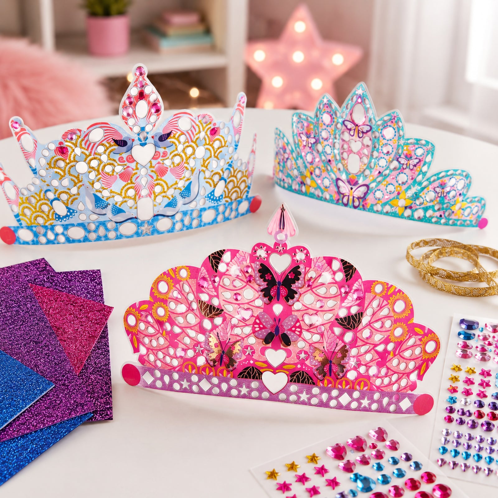 Three different tiara and crown templates are displayed with partially completed decorations, demonstrating the variety of designs included in the craft kit. Glitter foam sheets, gem stickers and ribbon are arranged nearby to show available decorating materials.