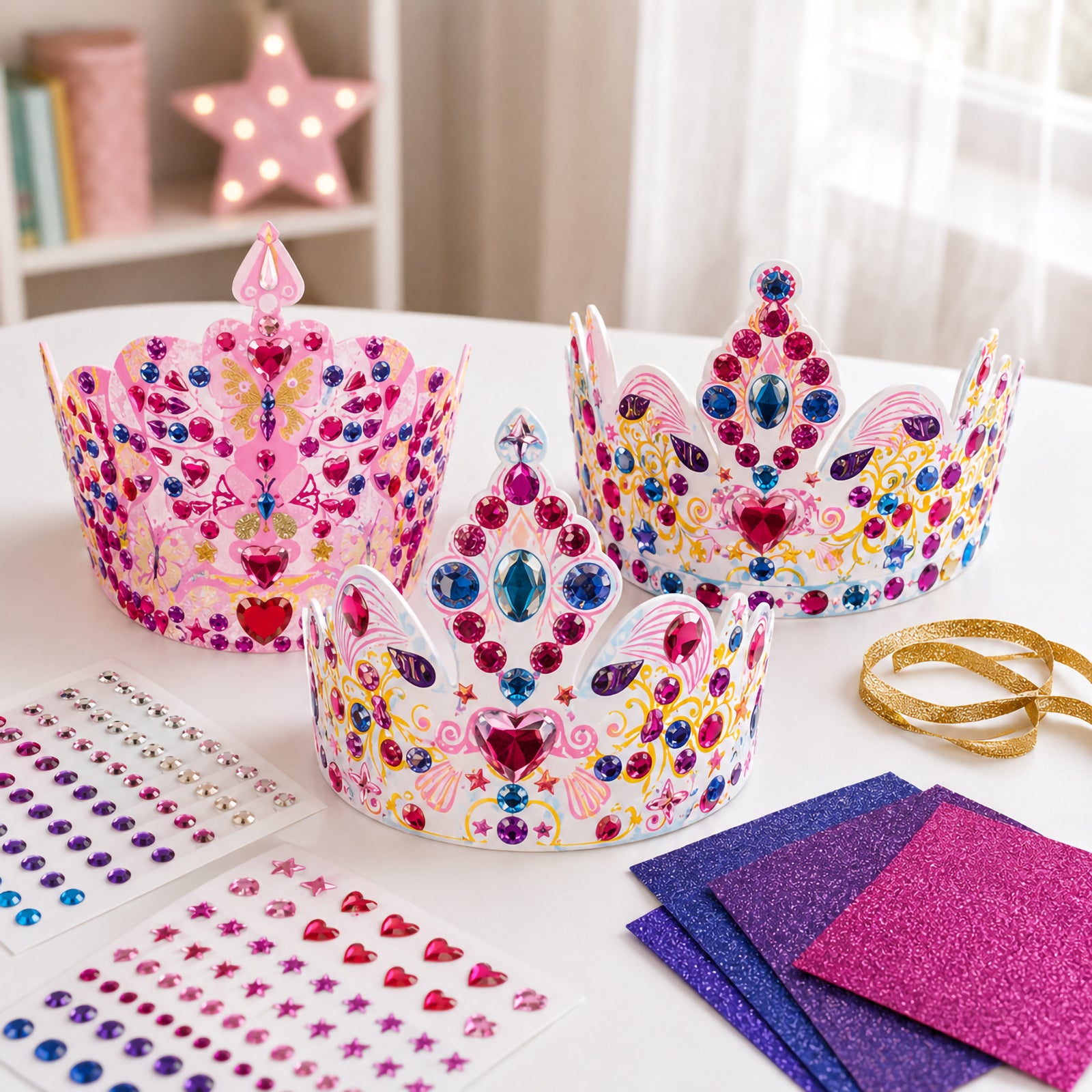 Three finished crown and tiara designs stand upright on a tabletop surrounded by colourful gem sticker sheets, glitter foam stickers and gold ribbon. The decorated crowns showcase vibrant jewel inspired patterns and sparkling embellishments suitable for imaginative dress up play.