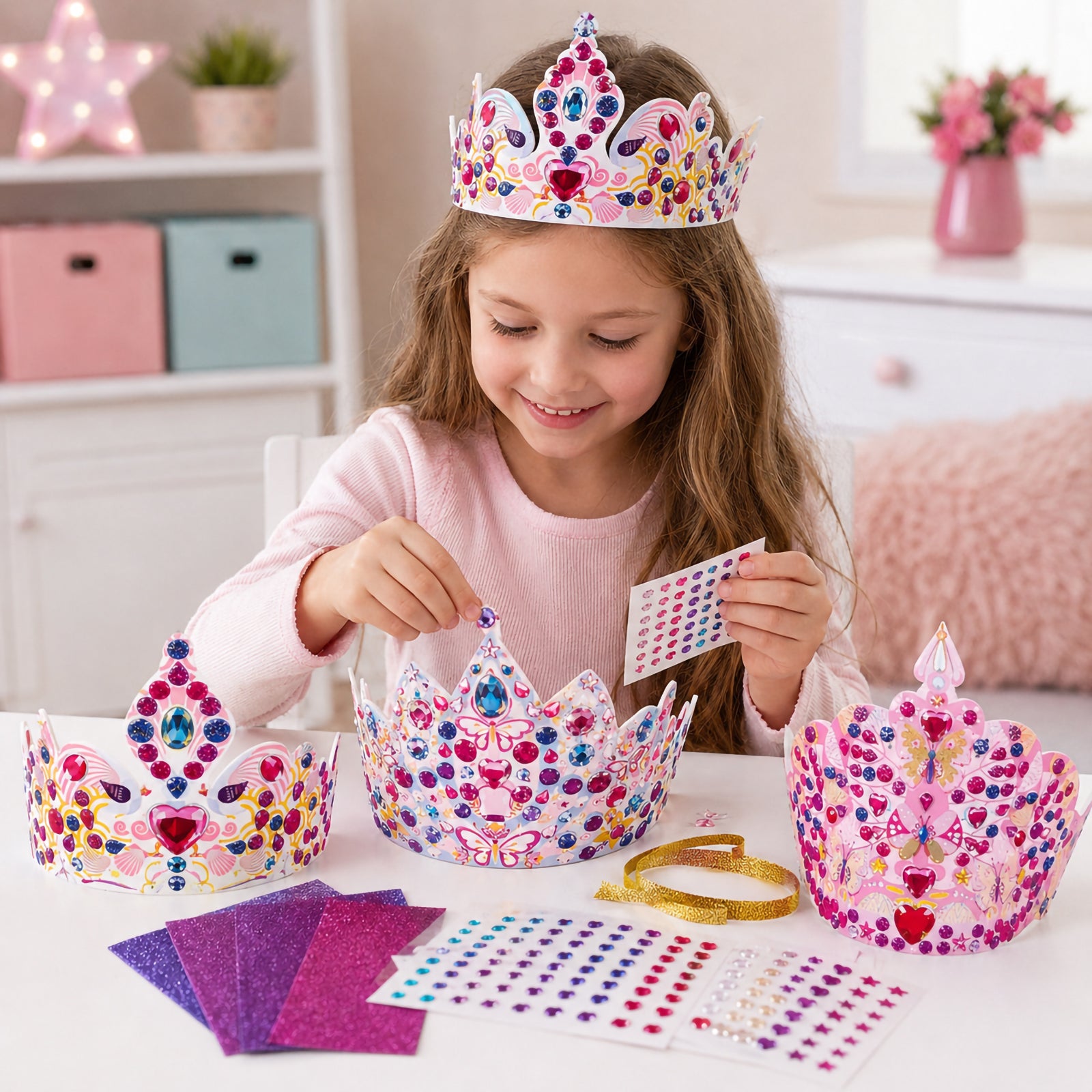 A young child decorates a colourful crown using sparkling adhesive gems while sitting at a craft table. Three completed crown designs, glitter foam sheets, gem stickers and gold ribbon are displayed, highlighting the creative and interactive nature of the Imagine Make and Play Crowns and Tiaras kit.