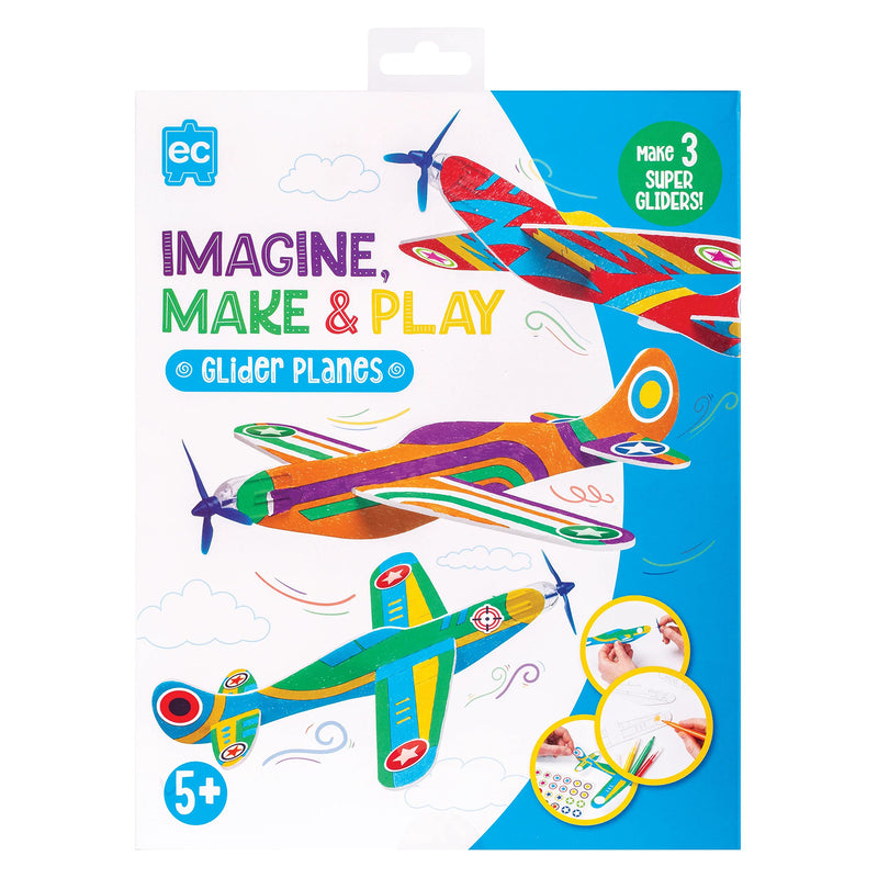 Front packaging artwork featuring brightly coloured completed glider planes in flight. The packaging highlights the creative craft activity, flying play features and ability to make three custom gliders.