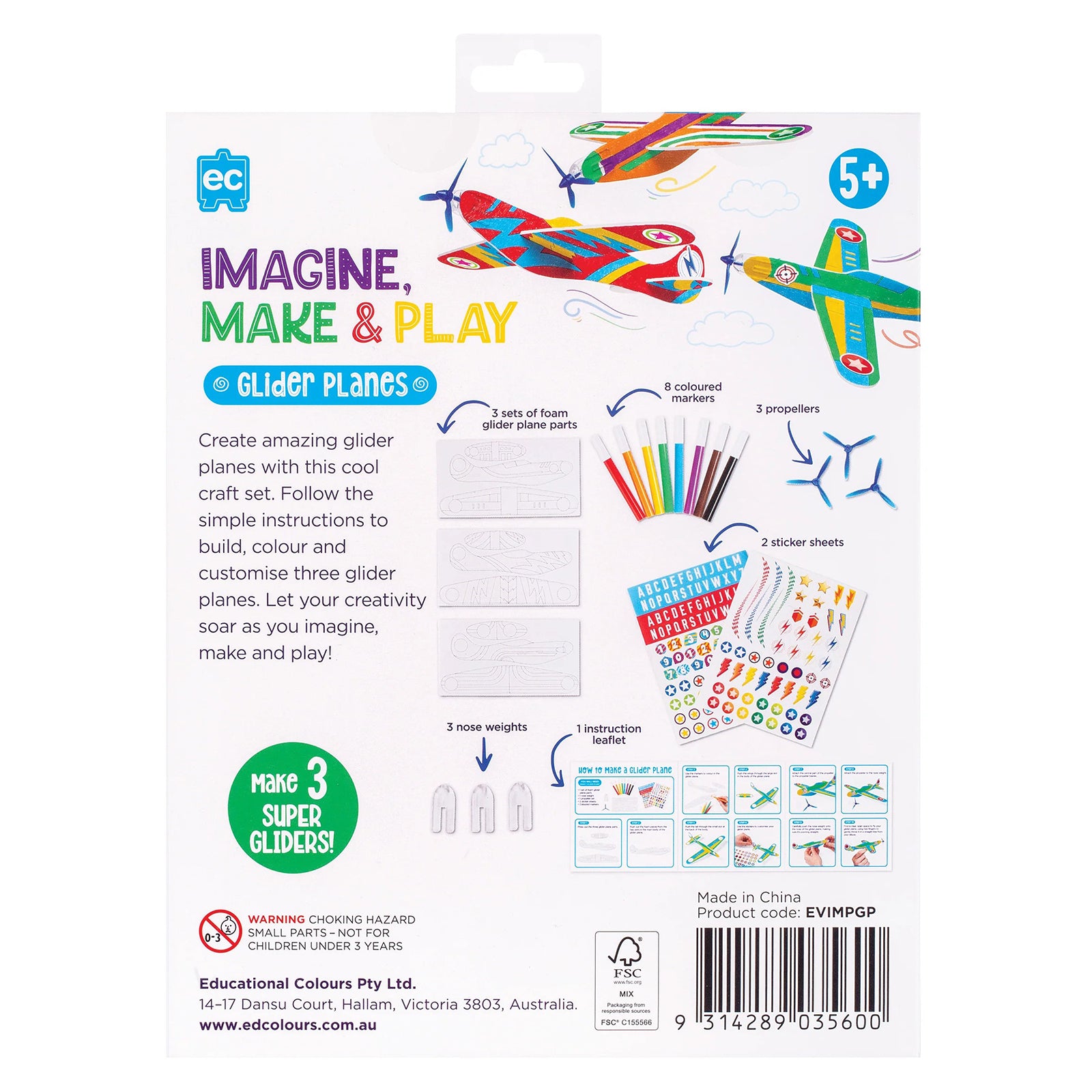 Rear packaging view detailing kit contents, assembly instructions and examples of completed glider planes. The packaging illustrates the step by step building process and included accessories.