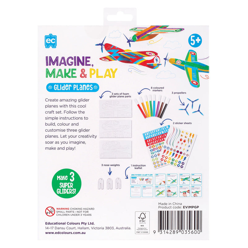 Rear packaging view detailing kit contents, assembly instructions and examples of completed glider planes. The packaging illustrates the step by step building process and included accessories.