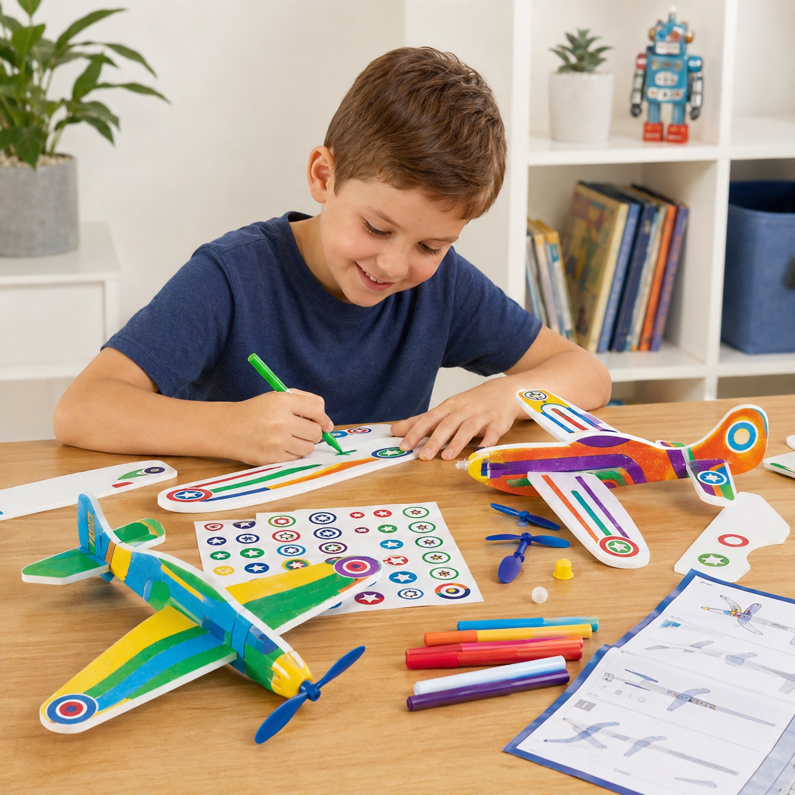 A child decorates and assembles colourful foam glider planes at a table using markers, stickers and included components. Finished aircraft models, assembly instructions and craft materials demonstrate the creative building experience offered by the Imagine Make and Play Glider Planes kit.