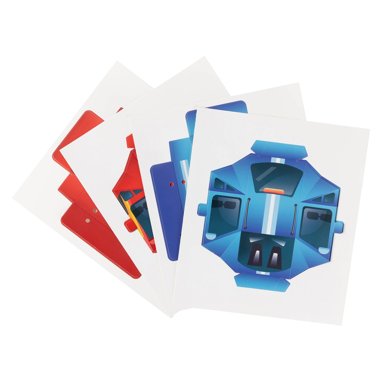 Close up of the vehicle template sheets featuring red and blue racing car designs before assembly. The image showcases the detailed printed artwork and press out construction format.
