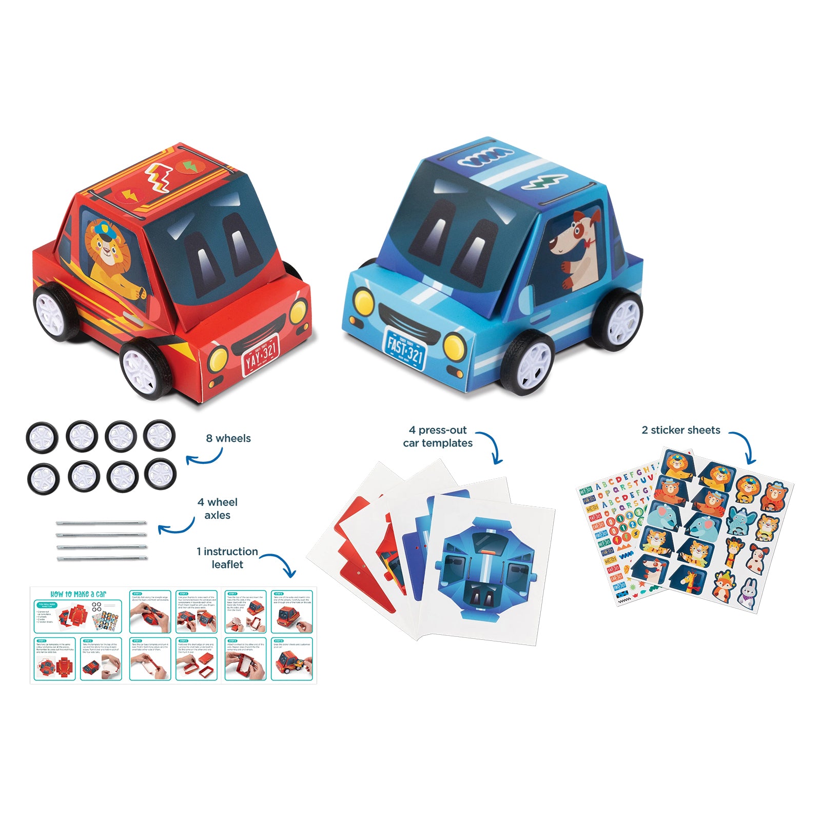 Flat lay display showing two completed racing cars, wheels, axles, press out templates, sticker sheets and instruction leaflet. The image clearly presents all included components needed to build and customise two vehicles.