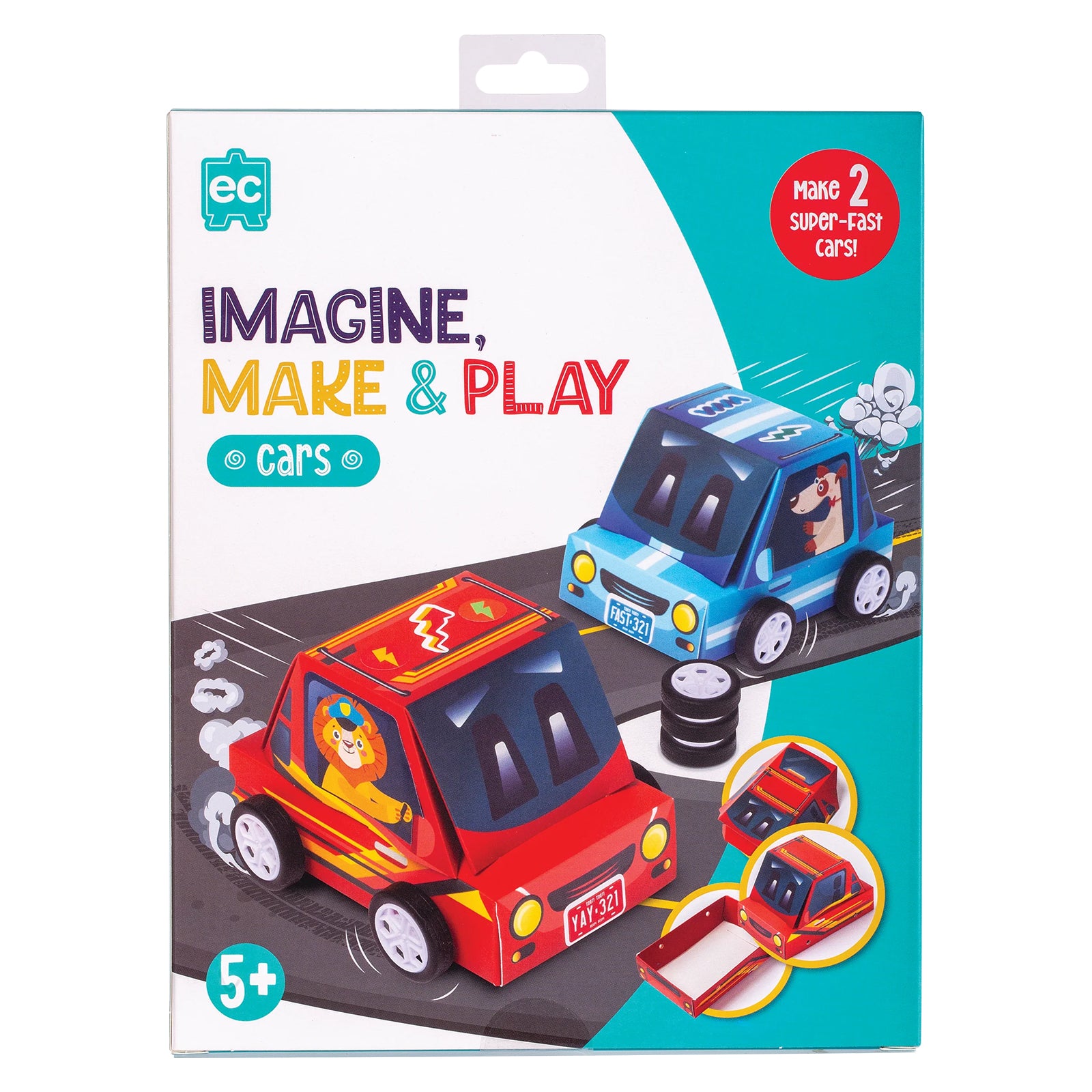 Front packaging artwork featuring assembled racing cars in motion with bright colours and playful illustrations. The packaging emphasises the ability to build, customise and race two mini cars while encouraging imaginative play.