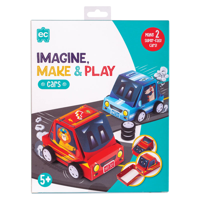 Front packaging artwork featuring assembled racing cars in motion with bright colours and playful illustrations. The packaging emphasises the ability to build, customise and race two mini cars while encouraging imaginative play.