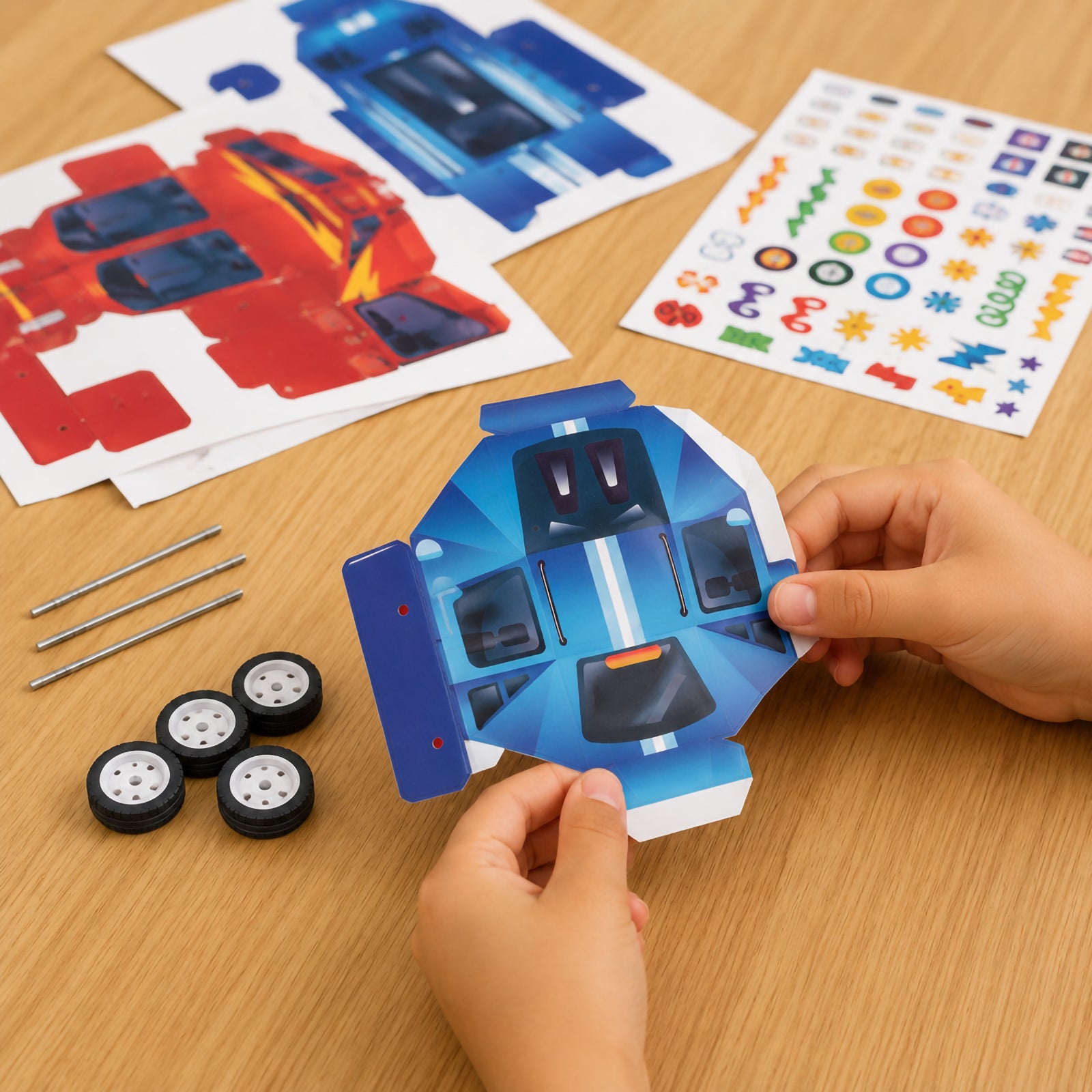 Close up of a child folding and assembling a blue racing car template while wheels, axles and decorative stickers are arranged nearby. The image highlights the simple no glue assembly process.