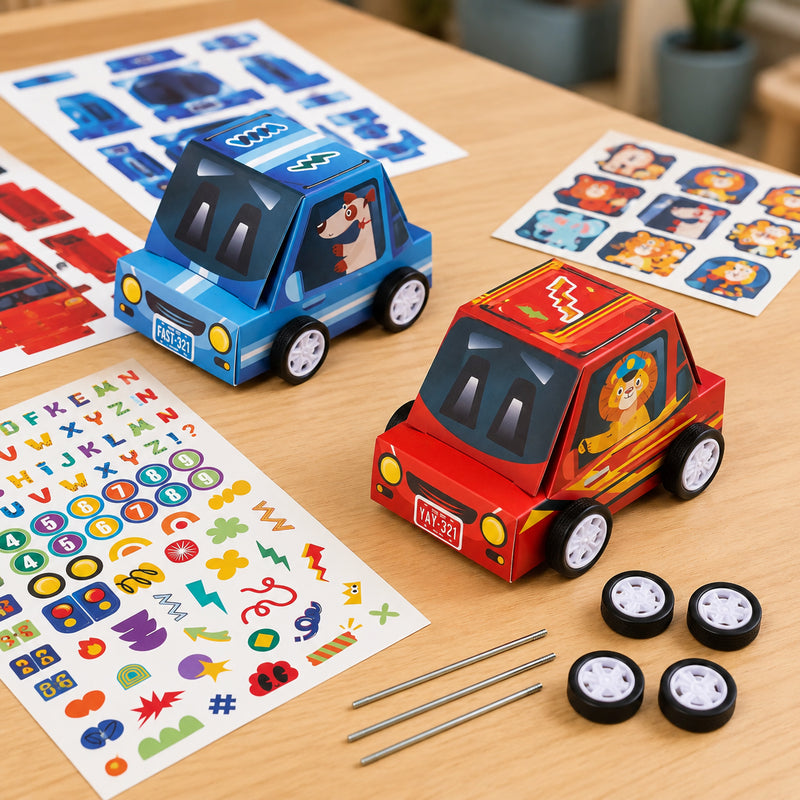 Two completed racing cars in bright red and blue designs are displayed with sticker sheets, wheel components and template pieces. The image showcases the finished vehicles and the customisation options available within the kit.