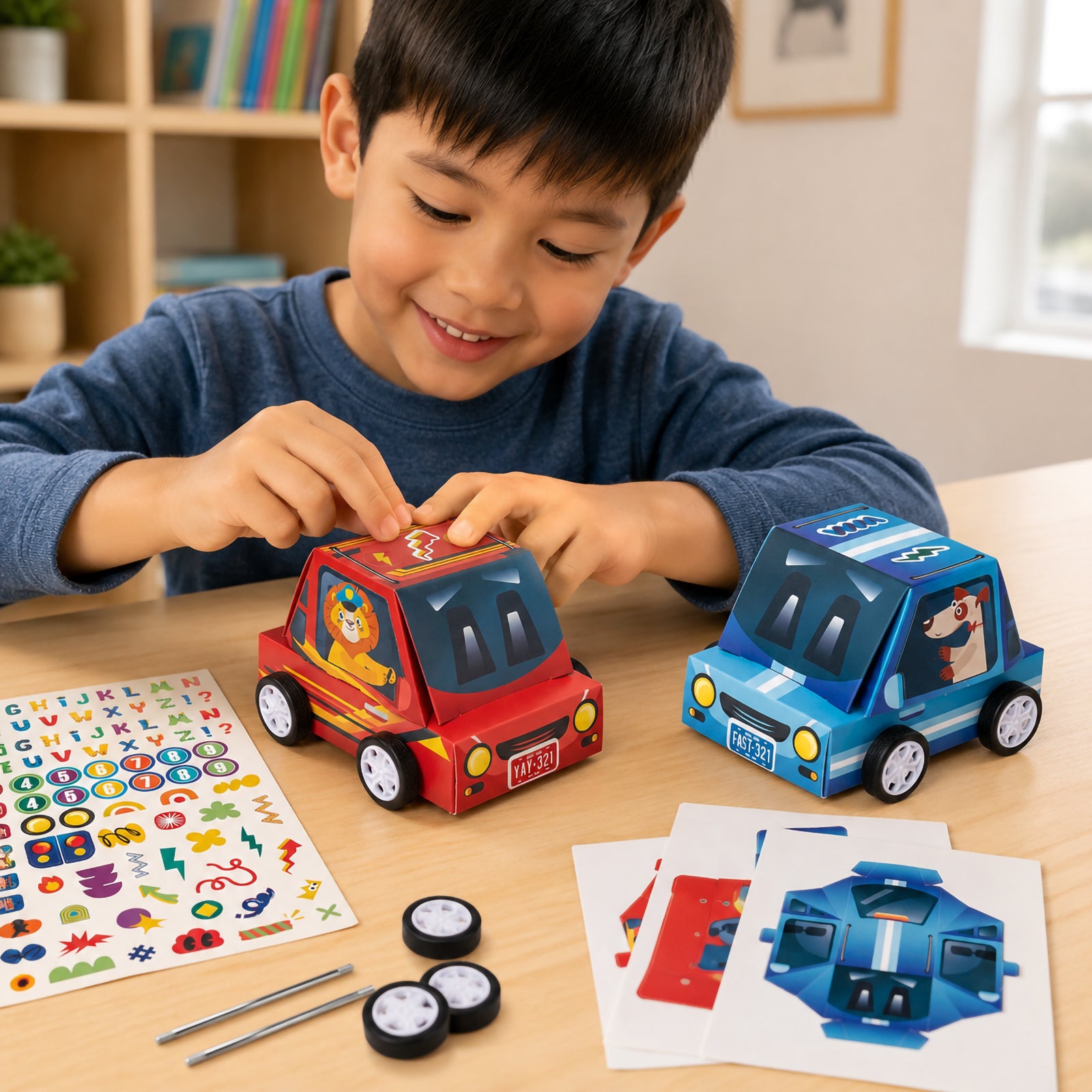 A child assembles and decorates colourful racing cars at a table using the included sticker sheets, wheels and vehicle templates. The scene demonstrates the engaging hands on building experience and highlights the creativity involved in constructing personalised mini cars.