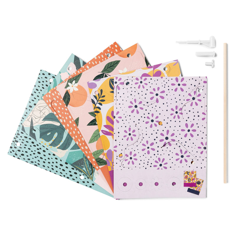 Close up view of the decorative pre cut paper windmill templates featuring floral, leaf and geometric patterns. The image highlights the vibrant double sided artwork and precision cut design.