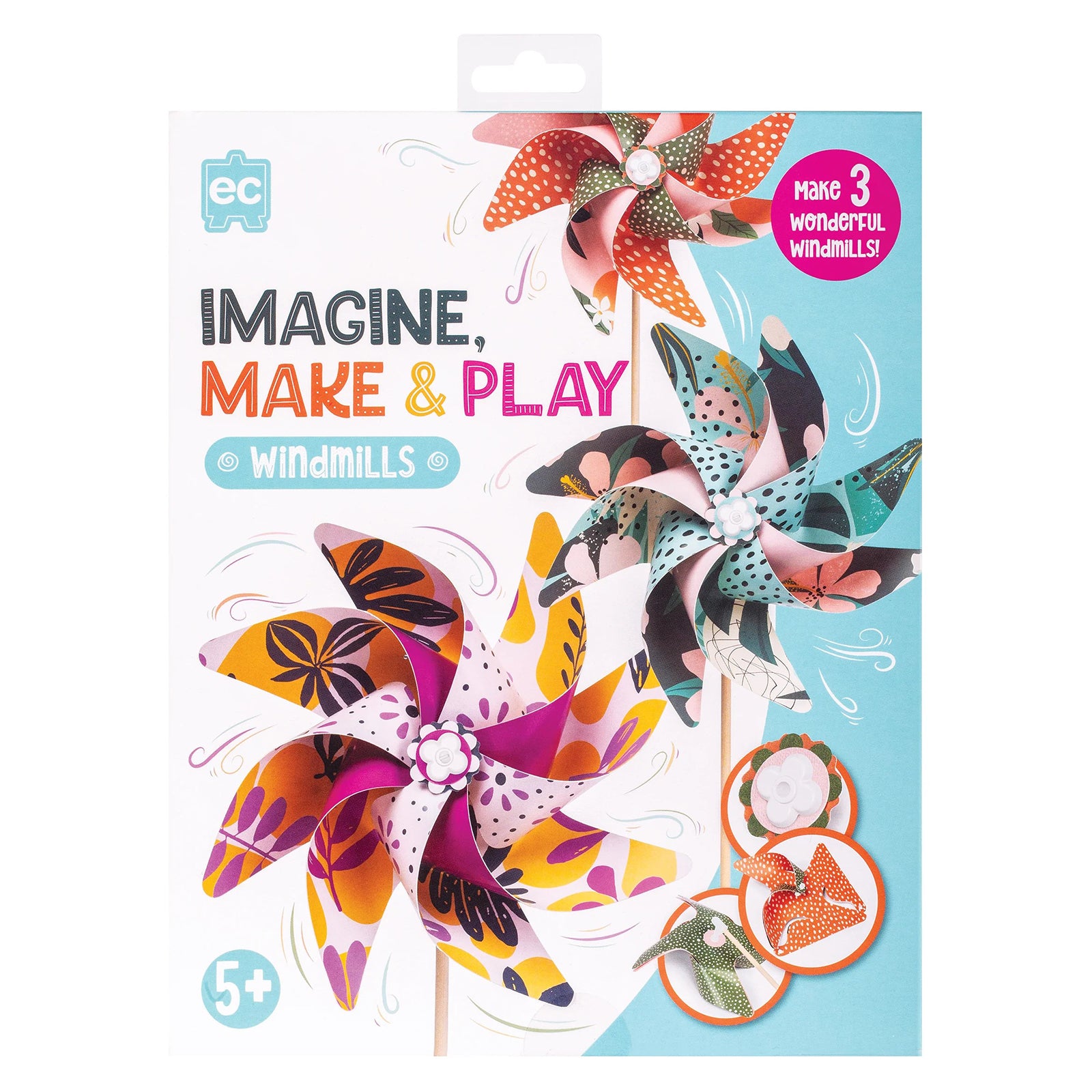 Front packaging artwork showing three colourful completed windmills with bright floral patterns and creative design elements. The packaging highlights the ability to build and display three spinning windmills while encouraging imaginative crafting.
