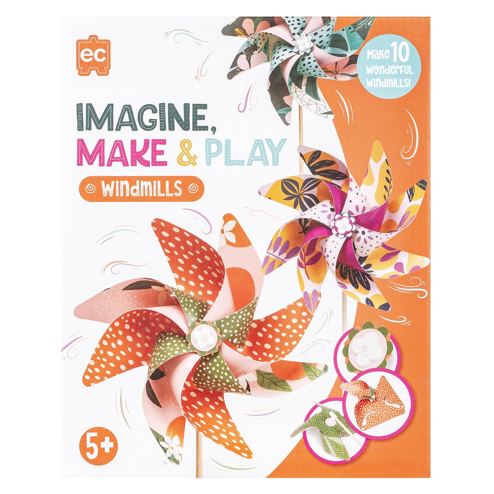 Front packaging artwork featuring completed windmills with bright floral designs and colourful patterns. The packaging clearly communicates the ability to create 10 windmills and highlights the creative educational value of the activity.