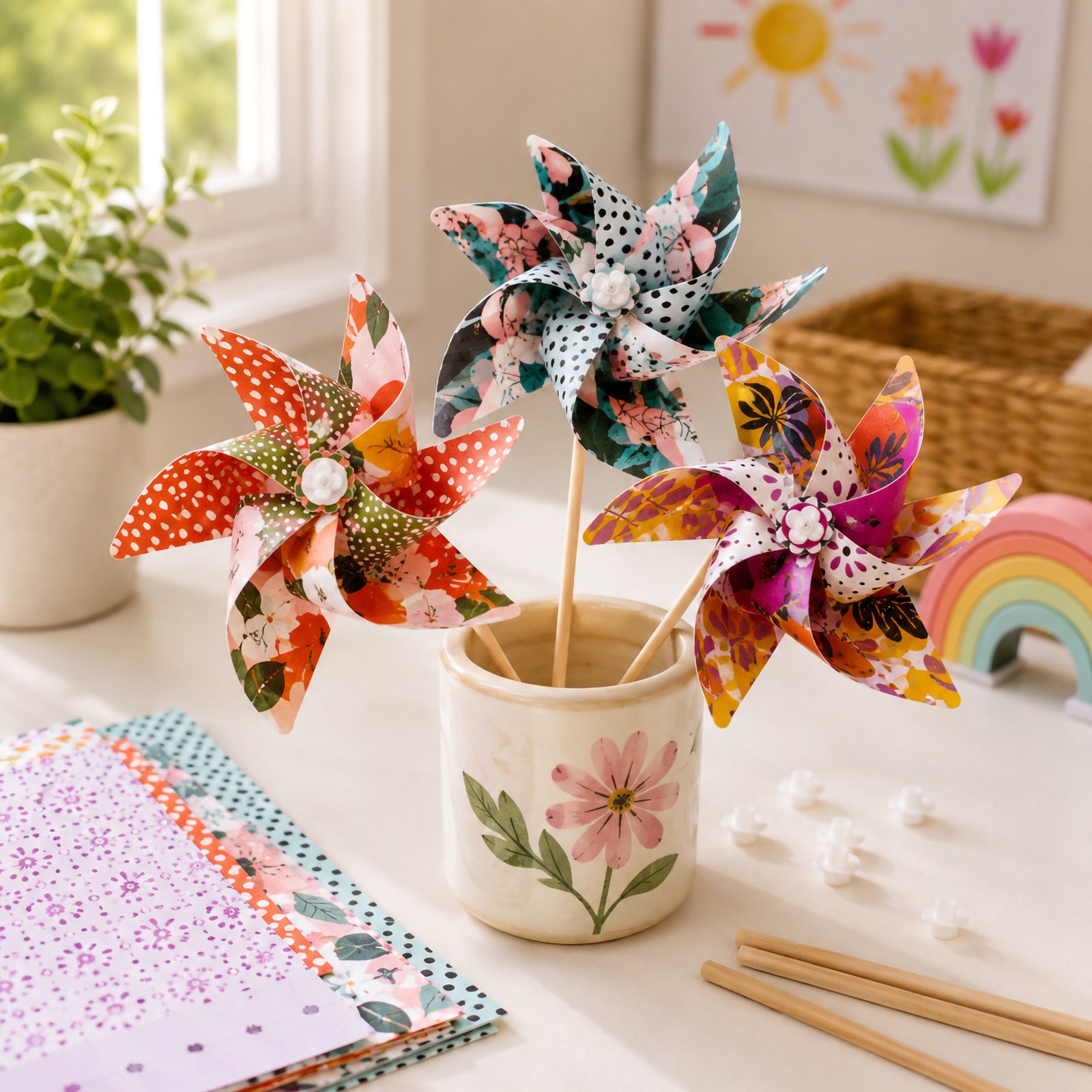 Three completed windmills are displayed in a decorative ceramic container, demonstrating how finished creations can be used as colourful classroom displays, home decorations or handmade keepsakes after assembly.