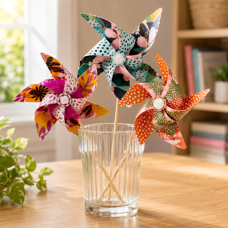 Three completed windmills featuring colourful botanical and floral patterns are arranged in a glass container. The display demonstrates how the finished creations can be used as decorative pieces in classrooms, bedrooms or play spaces.