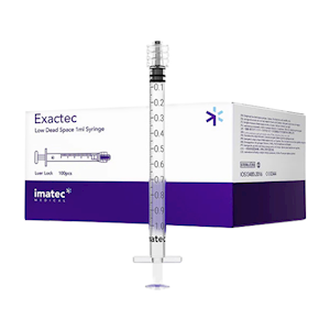 Imatec Exactec 1mL low dead space luer lock syringe with clear barrel and fine graduations shown beside its box of 100 on a plain white background