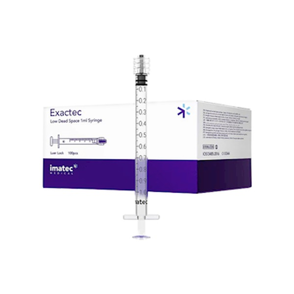 Imatec Exactec 1mL low dead space luer lock syringe with clear barrel and fine graduations shown beside its box of 100 on a plain white background