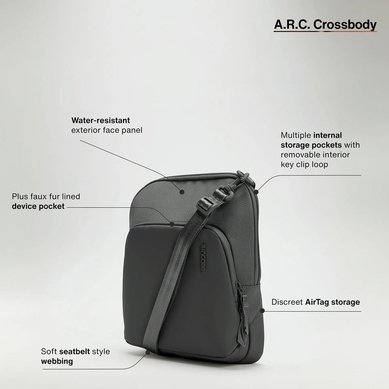 Feature overview of the Incase A.R.C. Crossbody Bag with labelled callouts highlighting the water resistant exterior face panel, plush faux fur lined device pocket, multiple internal storage pockets, removable interior key clip, discreet hidden AirTag storage and soft seatbelt style shoulder strap for comfortable everyday use.