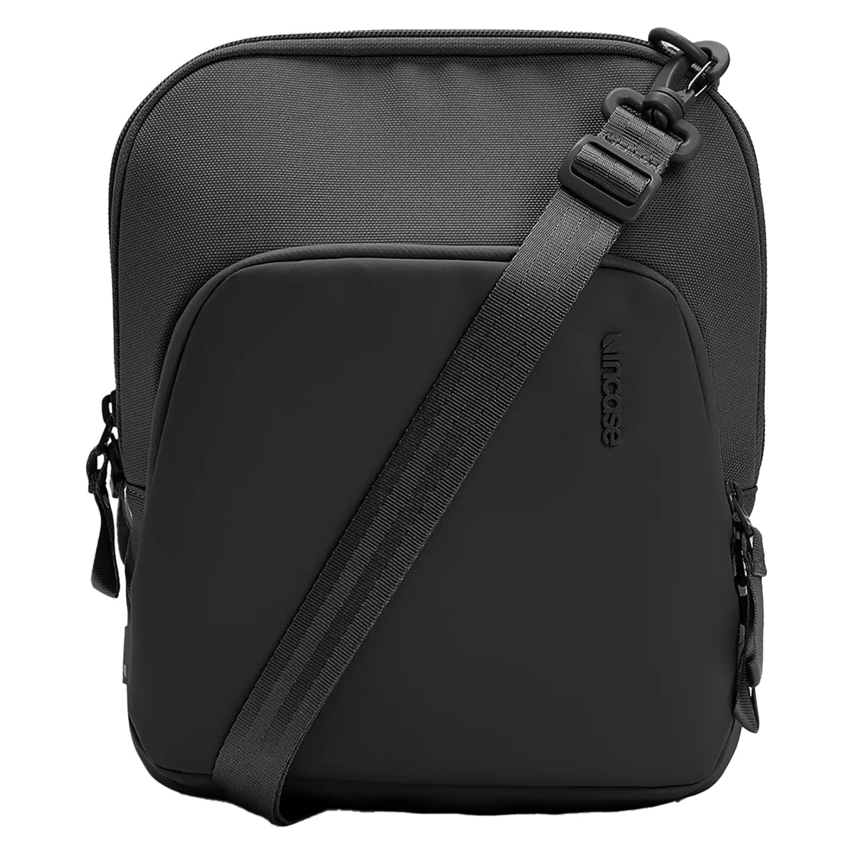 Front studio view of the Incase A.R.C. Crossbody Bag in black featuring the streamlined design, water resistant front panel, dual zippered compartments, adjustable shoulder strap and subtle Incase branding. The clean presentation emphasises the modern aesthetic and premium construction for everyday commuting and travel.