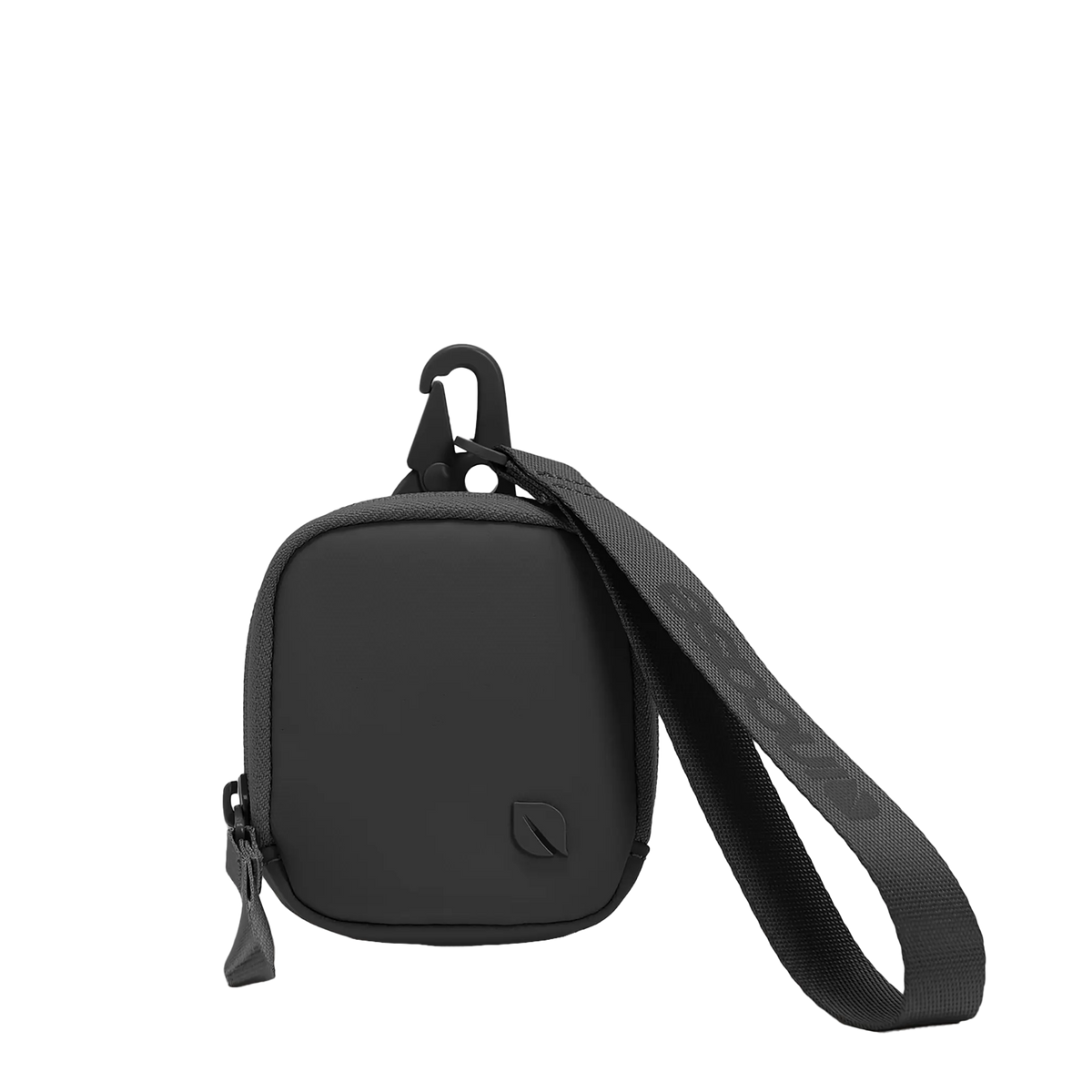 Incase A.R.C. Compact Pouch in Black with its looped wrist strap and attachment clip, shown on a plain background