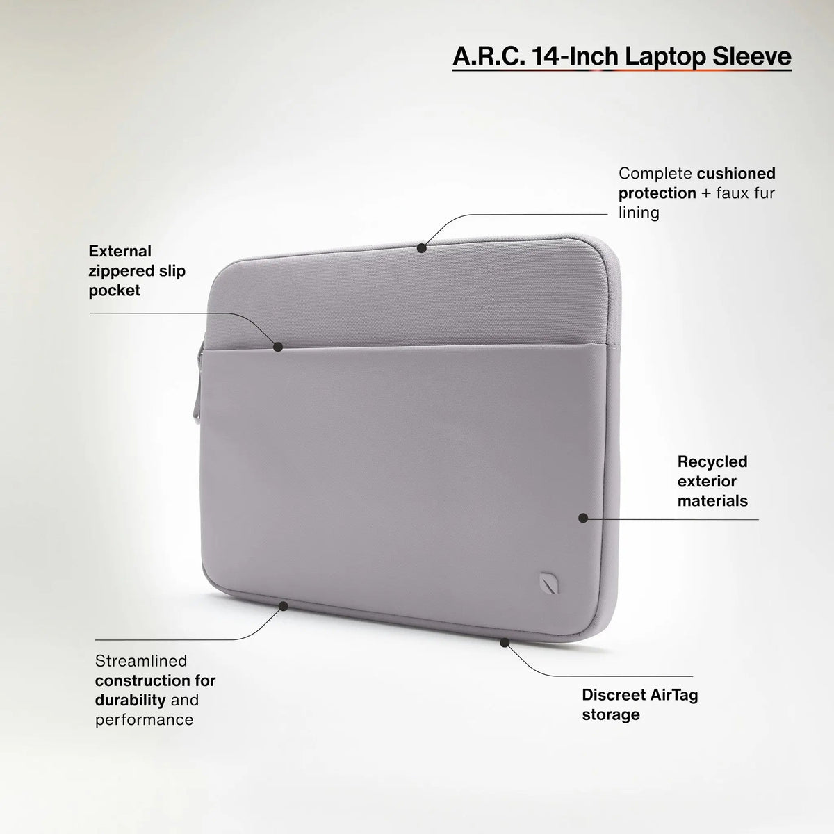 Incase feature graphic for the Gray A.R.C. 14-inch Laptop Sleeve with callouts for the zip pocket, faux fur lining, recycled exterior and AirTag storage