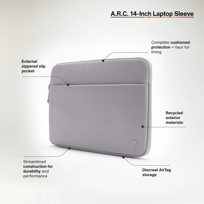 Incase feature graphic for the Gray A.R.C. 14-inch Laptop Sleeve with callouts for the zip pocket, faux fur lining, recycled exterior and AirTag storage