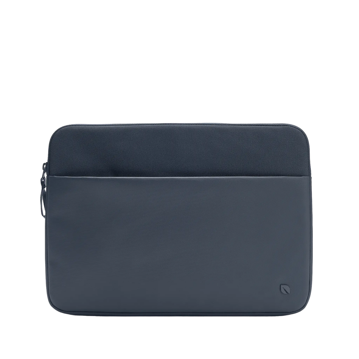 Incase A.R.C. Sleeve for 14-inch laptops in Navy, front view showing the zippered front pocket, on a plain background