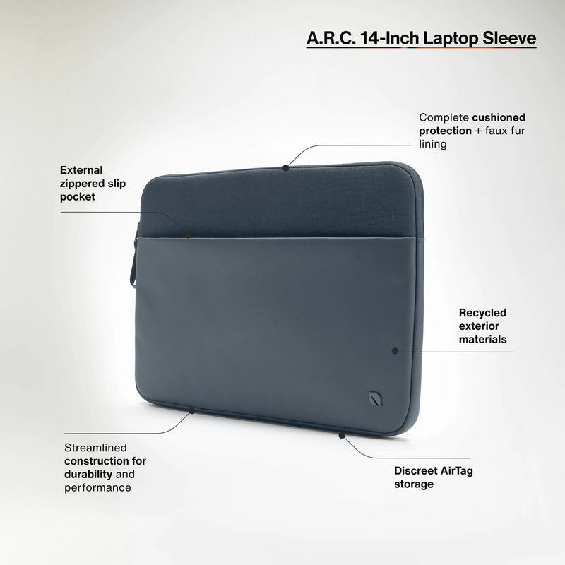 Incase feature graphic for the Navy A.R.C. 14-inch Laptop Sleeve with callouts for the zip pocket, faux fur lining, recycled exterior and AirTag storage