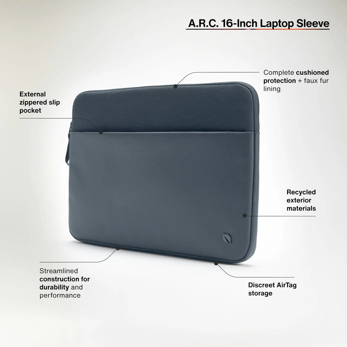Incase feature graphic for the Navy A.R.C. 16-inch Laptop Sleeve with callouts for the zip pocket, faux fur lining, recycled exterior and AirTag storage