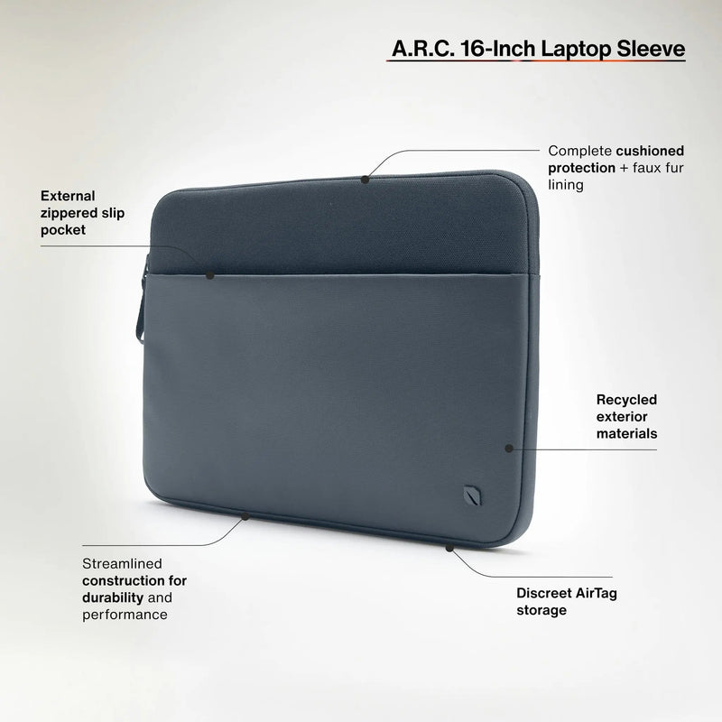 Incase feature graphic for the Navy A.R.C. 16-inch Laptop Sleeve with callouts for the zip pocket, faux fur lining, recycled exterior and AirTag storage