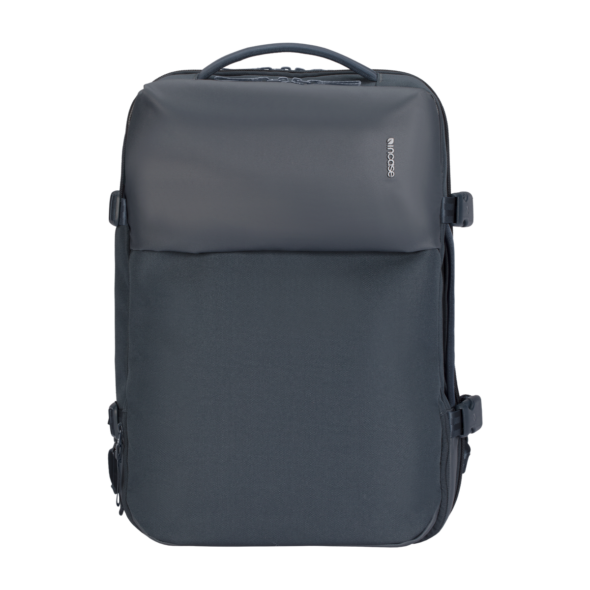 Incase A.R.C. Travel Pack expandable laptop backpack in navy, front view, studio cut-out on a plain background