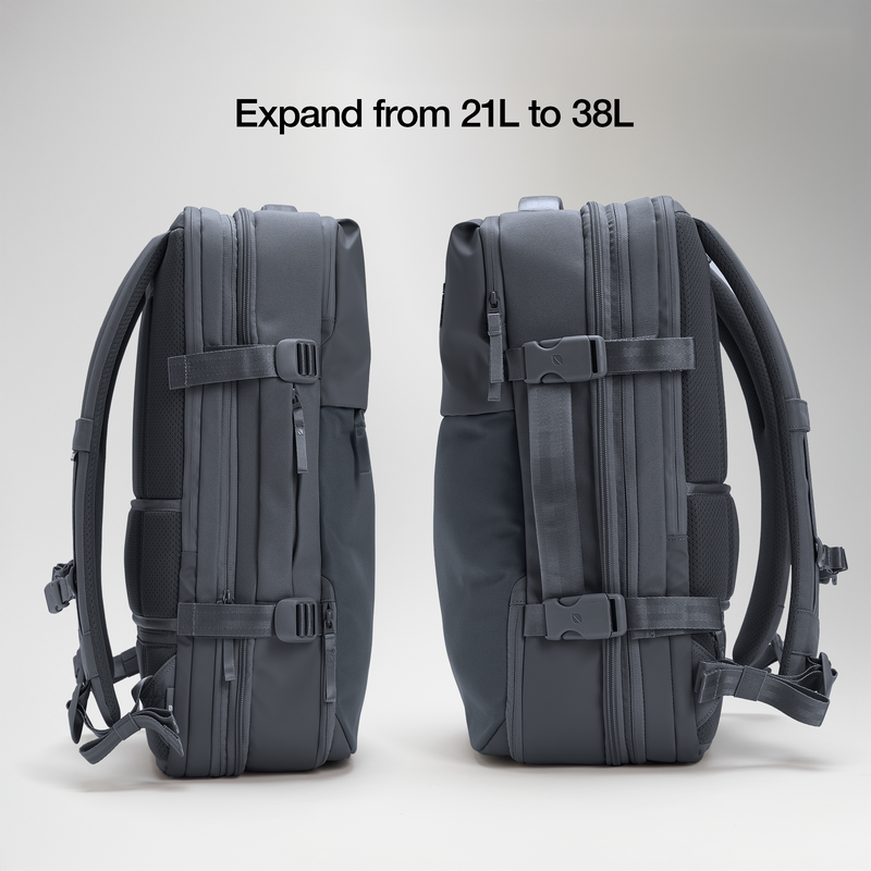 Two side views of the navy Incase A.R.C. Travel Pack, captioned Expand from 21L to 38L