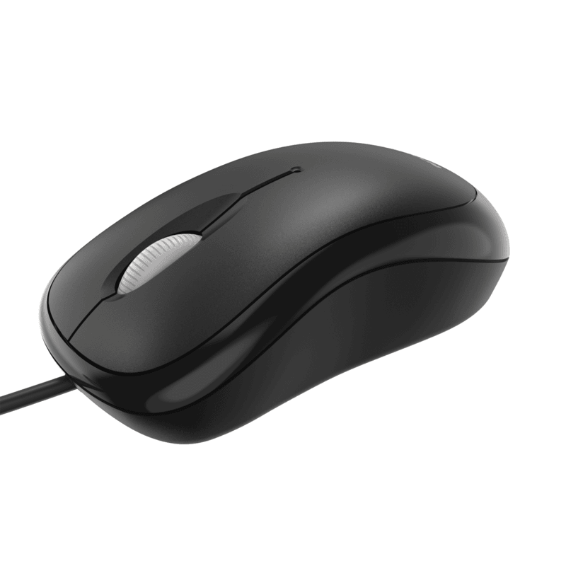 Incase Designed by Microsoft Basic Optical Mouse in black with its cable, three-quarter view on a plain white background