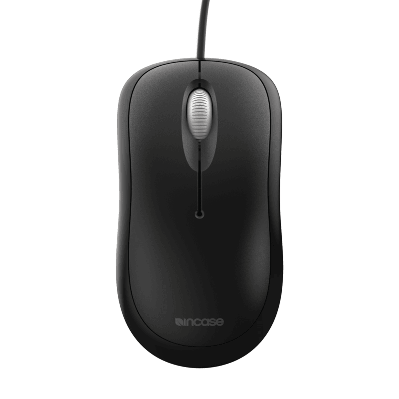 Incase Designed by Microsoft Basic Optical Mouse in black, top view showing the Incase logo and cable