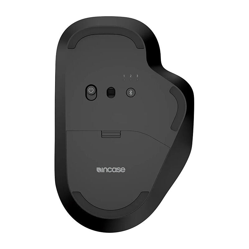 Underside of the Incase Designed by Microsoft Bluetooth Ergonomic Mouse showing the Incase logo, power switch and Bluetooth button