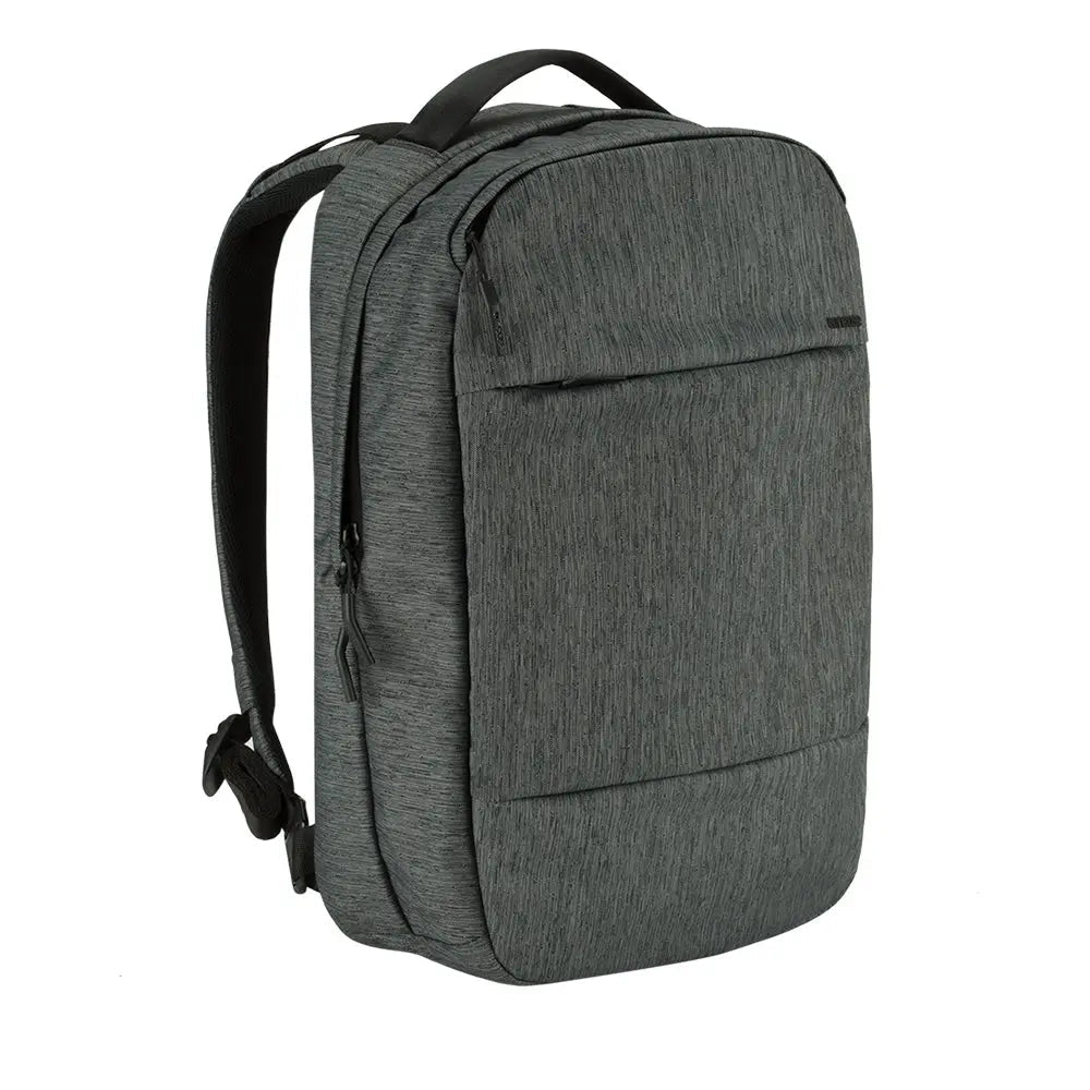 Incase City Compact Backpack in Heather Black, front three-quarter view of the bag