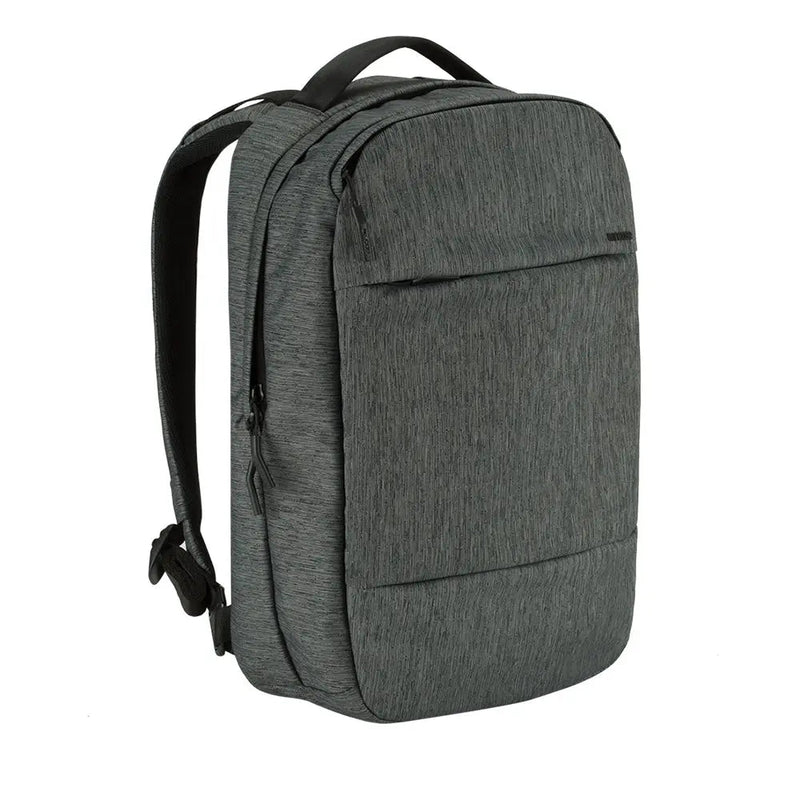 Incase City Compact Backpack in Heather Black, front three-quarter view of the bag