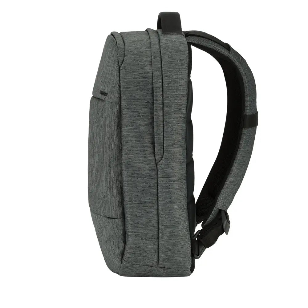 Incase City Compact Backpack in Heather Black, side profile of the bag