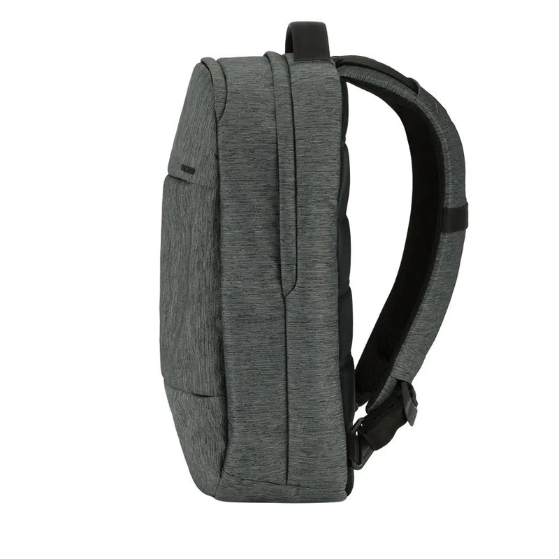 Incase City Compact Backpack in Heather Black, side profile of the bag