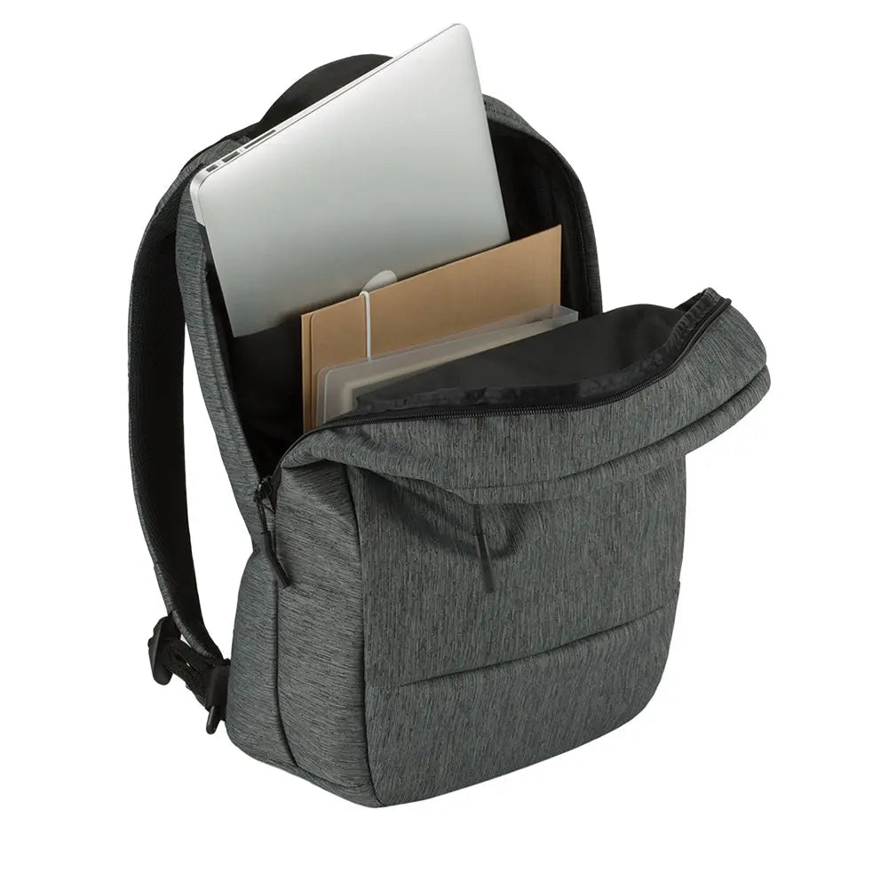 Incase City Compact Backpack in Heather Black opened, showing a laptop and folders in its compartments