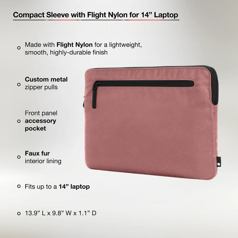 Incase feature graphic for the Aged Pink Compact Sleeve with callouts for Flight Nylon, metal zipper pulls, front pocket, faux fur lining, 14-inch fit and dimensions
